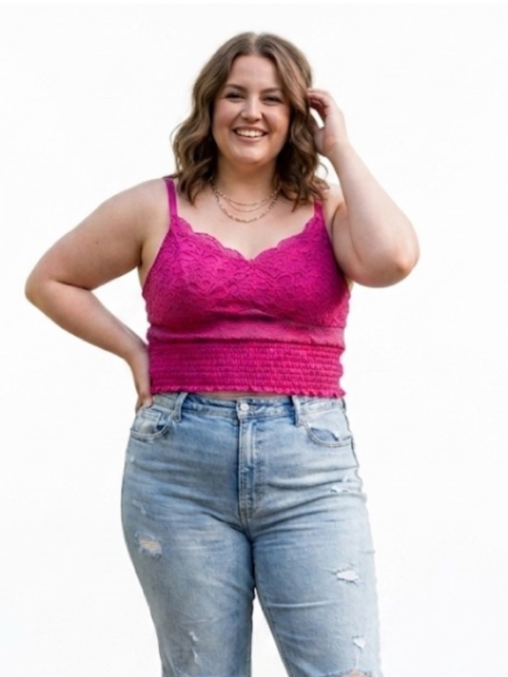 Torrid Pink Stretch Lace Sweetheart Smocked Crop Cami Top Size 1 / 1X